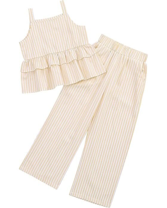 Cream Striped Ruffle Top + Pant Set — Young Girls fall family photo outfit idea