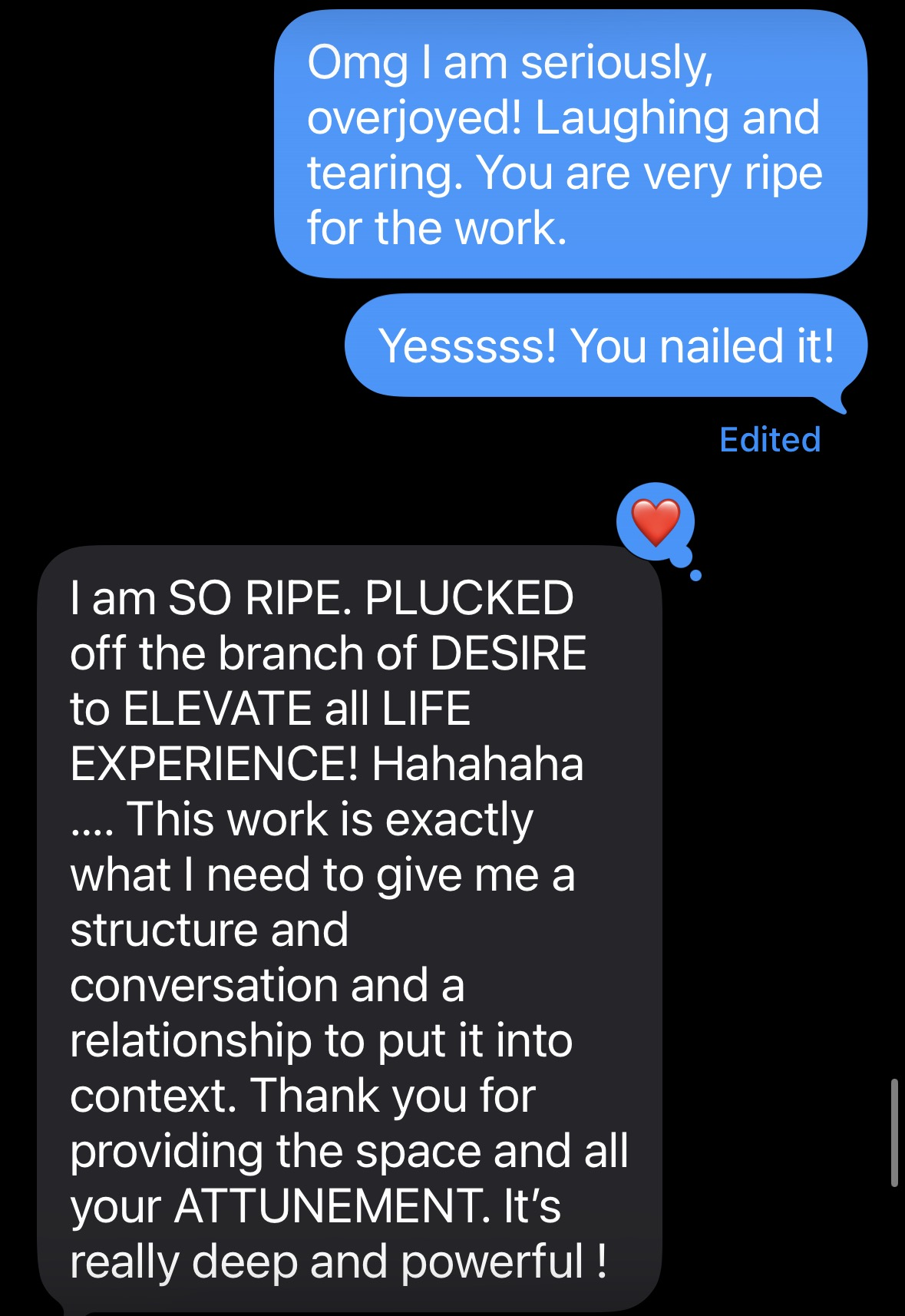 Client message about feeling more attuned in her relationship