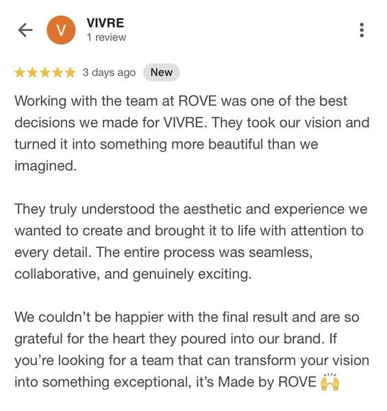 Five-star Google review from VIVRE: the Made by Rove team turned their vision into something more beautiful than they imagined