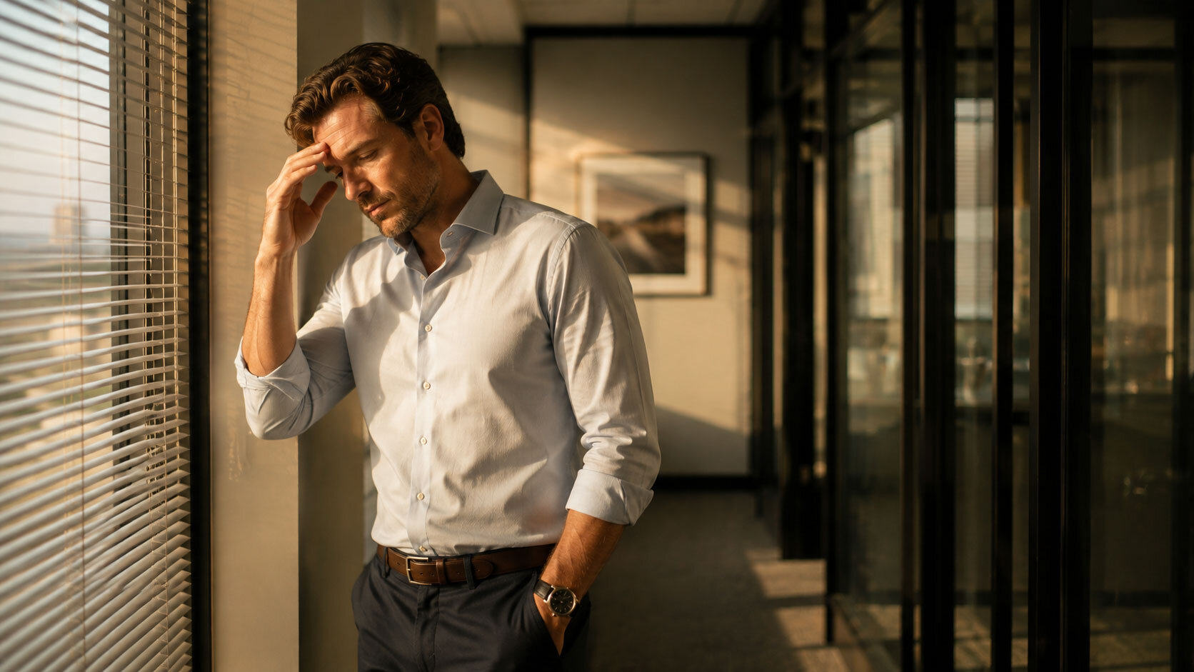 A man taking a moment alone after a meeting