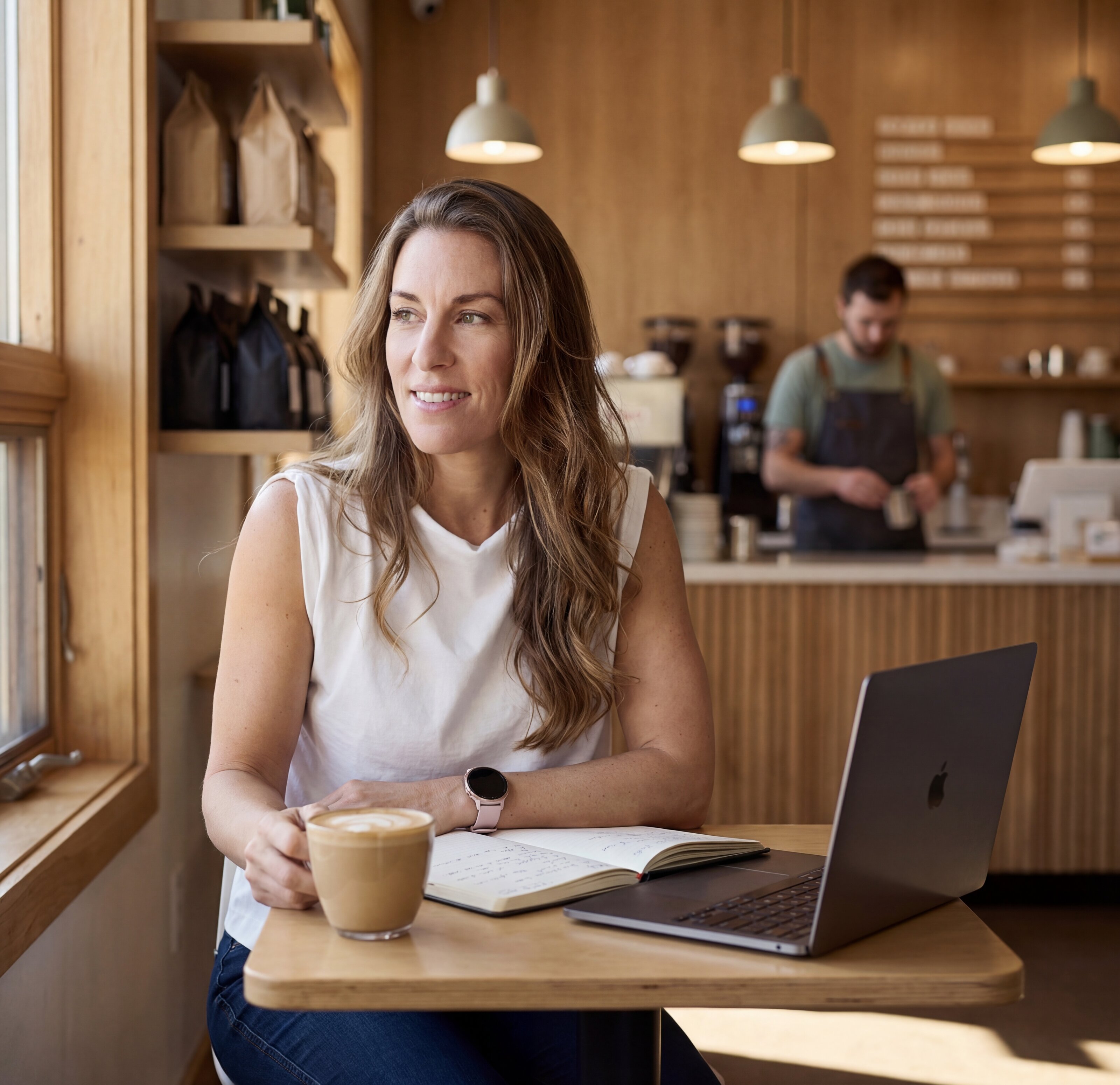 Ange Quinn working at a coffee shop with her laptop