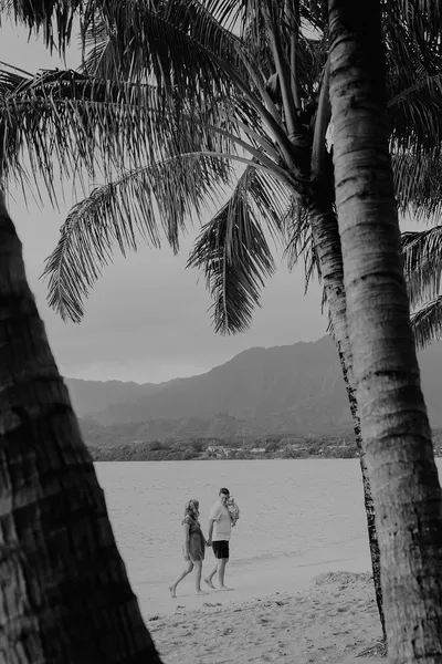 Couple silhouetted beneath palm trees at sunset, group session location