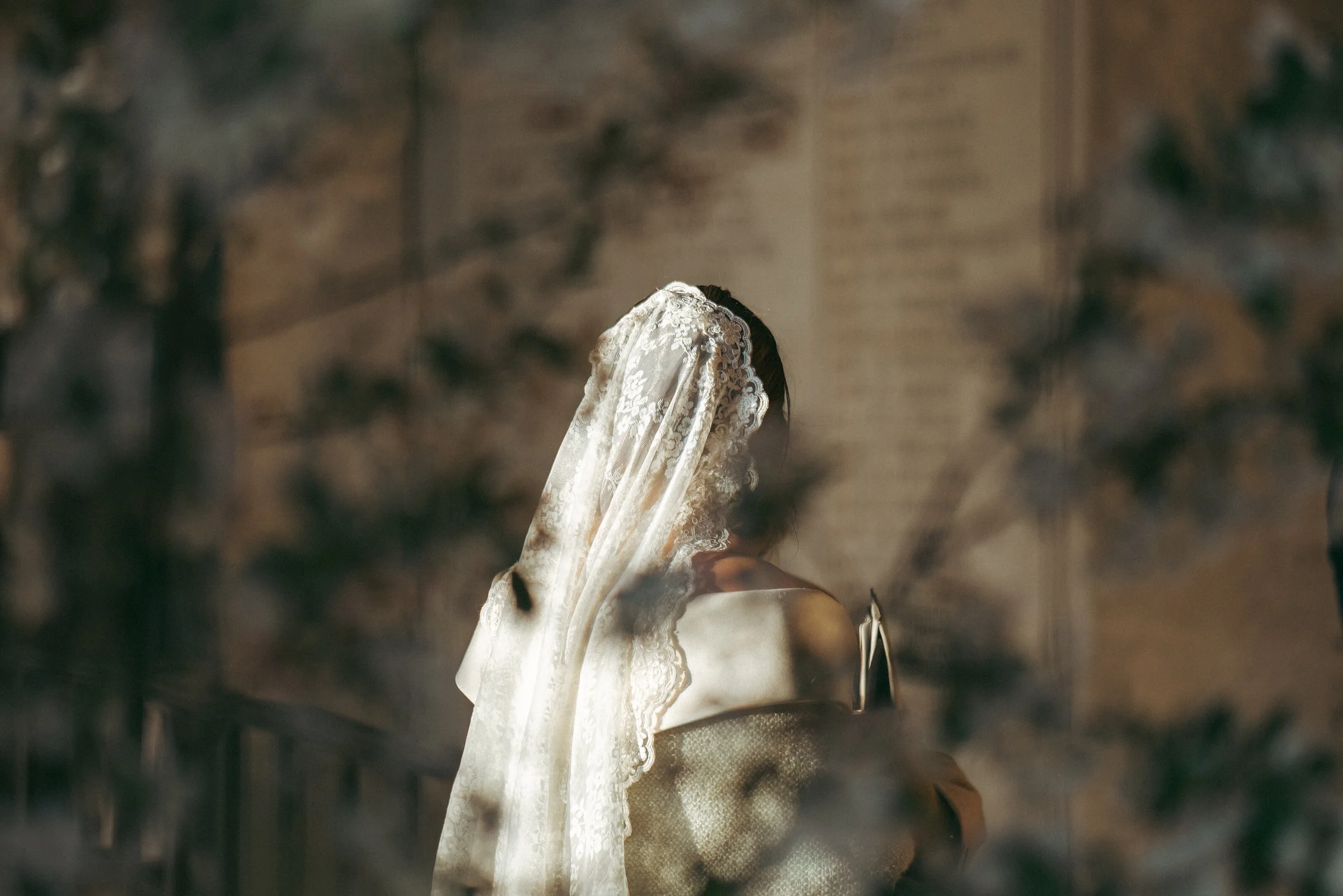 Bride in a lace veil seen from behind, beneath foliage